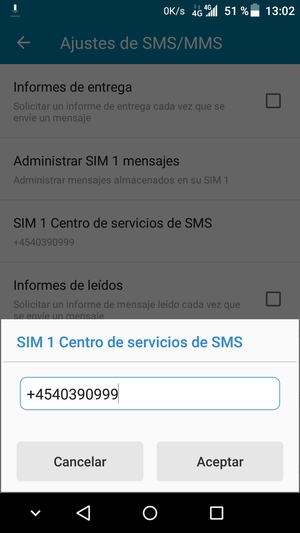 Introduzca el número de Centro de servicios de SMS y seleccione Aceptar