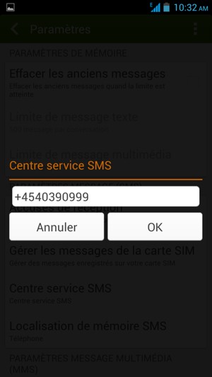 Saisissez Centre service SMS et sélectionnez OK