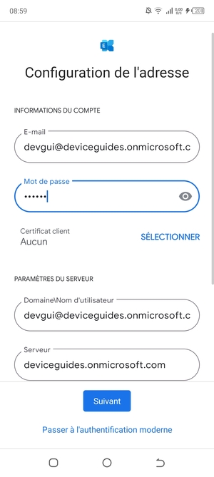 Saisissez votre Nom d'utilisateur et l'adresse du serveur Exchange. Sélectionnez Suivant