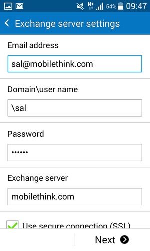 Enter User name and Exchange server address. Select Next