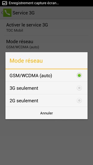 Sélectionnez 2G seulement pour activer la 2G et GSM/WCDMA (auto) pour activer la 3G