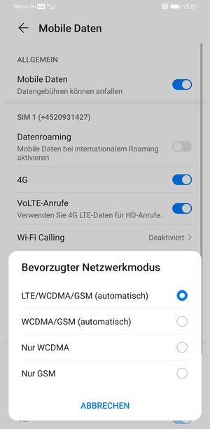 Wählen Sie WCDMA/GSM (automatisch), um 3G zu aktivieren und LTE/WCDMA/GSM (automatisch), um 4G zu aktivieren