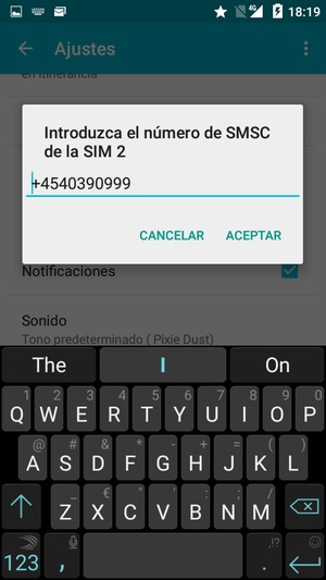 Introduzca el Número de SMSC de la SIM y seleccione ACEPTAR