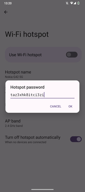 Enter a Wi-Fi hotspot password of at least 8 characters and select OK