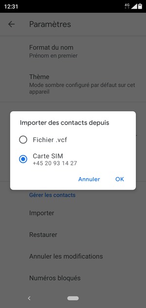 Sélectionnez Carte SIM puis OK