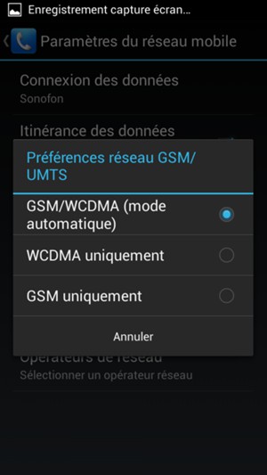 Sélectionnez GSM uniguement pour activer la 2G et GSM/WCDMA (mode automatique) pour activer la 3G