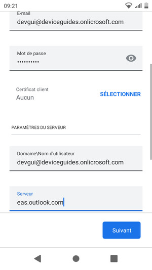 Faites défiler vers le bas et saisissez votre Nom d'utilisateur et l'adresse du serveur Exchange. Sélectionnez Suivant