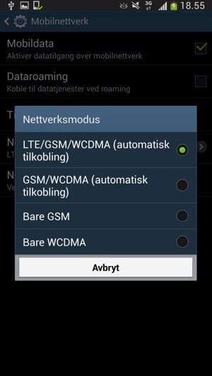 Velg GSM/WCDMA (automatisk tilkobling) for å aktivere 3G og velg LTE/GSM/WCDMA (automatisk tilkobling) for å aktivere 4G