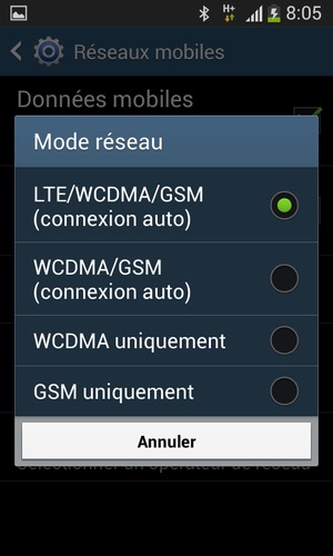 Sélectionnez WCDMA/GSM (connexion auto) pour activer la 3G et LTE/WCDMA/GSM (connexion auto) pour activer la 4G