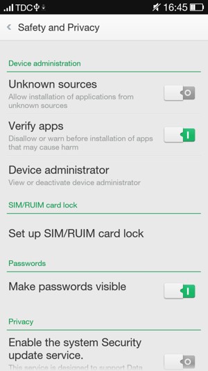 To change the PIN for the SIM card, return to the Safety and Privacy menu and select Set up SIM/RUIM card lock