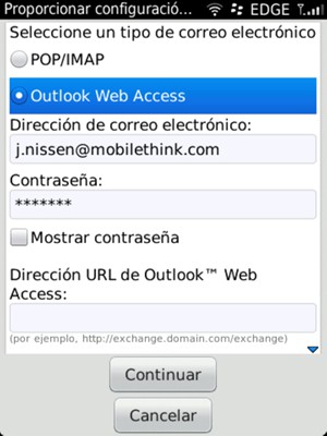 Seleccione Outlook Web Access y introduzca su información de correo electrónico Exchange