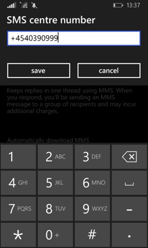 Enter the SMS center number and select save