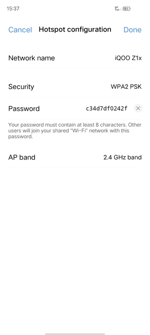 Enter a Wi-Fi hotspot password of at least 8 characters and select Done