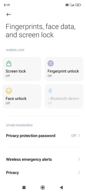 To activate your screen lock, return to the Fingerprints, face data, and screen lock menu and select Screen lock