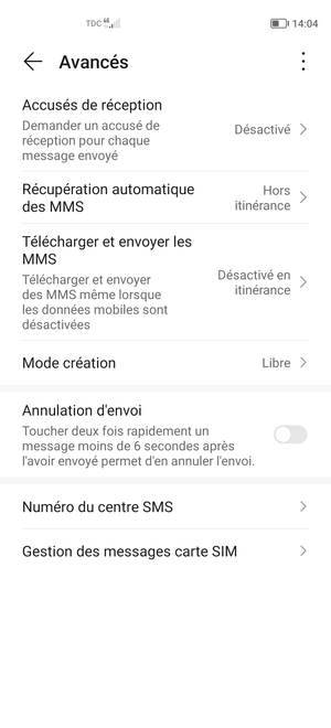 Sélectionnez Numéro du centre SMS