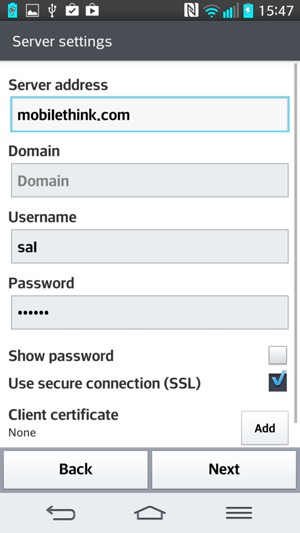 Enter Exchange Server address and Username. Select Next