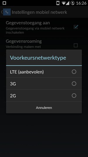 Selecteer  LTE (aanbevolen) om 4G in te schakelen