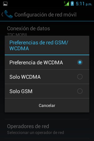 Seleccione Solo GSM para habilitar 2G y Preferencia de WCDMA para habilitar 3G