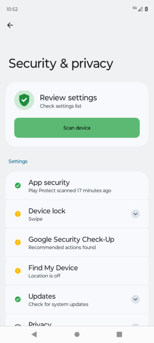To activate your screen lock, go to the Security & privacy menu and select Device lock
