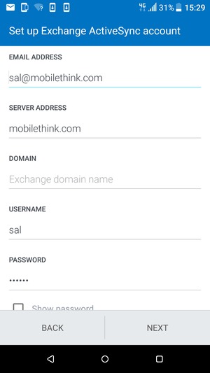 Enter Exchange server address and Username. Select NEXT