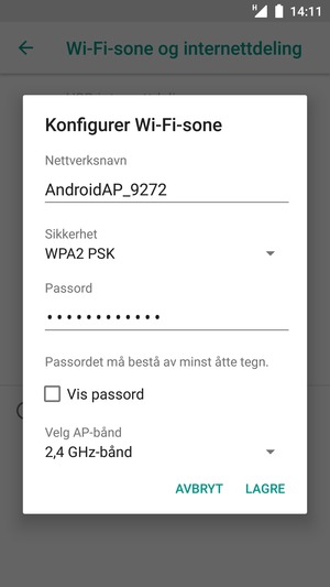 Skriv inn et Wi-Fi hotspot-passord på minst 8 tegn og velg LAGRE