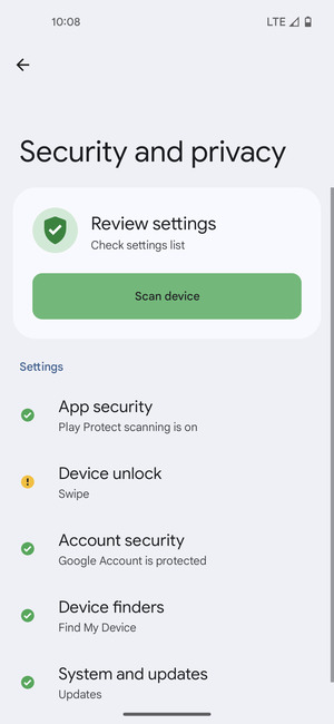To activate your screen lock, go to the Security and privacy menu and select Device unlock