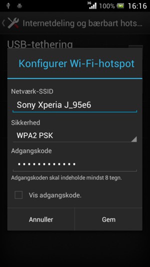 Indtast en Wi-Fi-hotspot adgangskode på minimum 8 tegn og vælg Gem