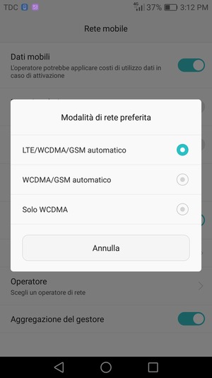 Seleziona WCDMA/GSM automatico per abilitare 3G e LTE/WCDMA/GSM automatico per abilitare 4G