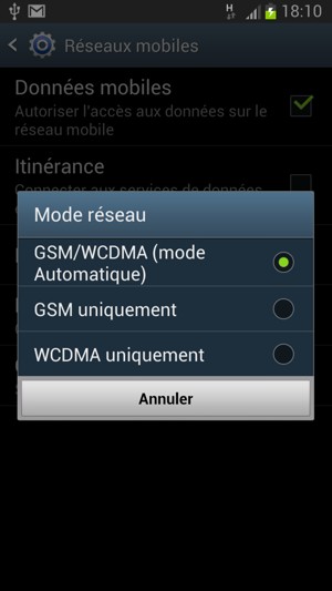Sélectionnez GSM uniquement pour activer la 2G et GSM/WCDMA pour activer la 3G