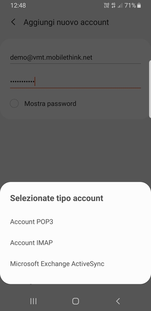 Seleziona Account POP3 o Account IMAP