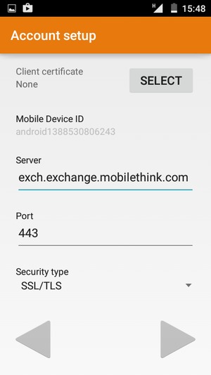 Scroll down and enter Exchange server address. Select Next