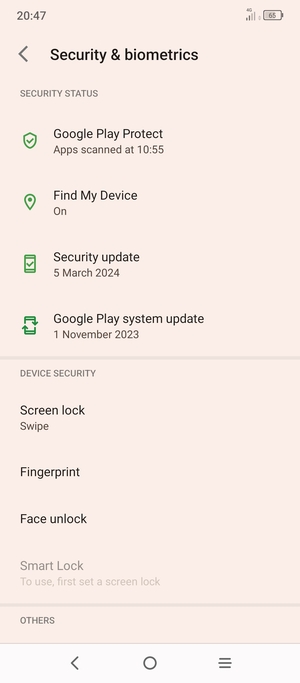 To activate your screen lock, return to the Security & biometrics menu and select Screen lock