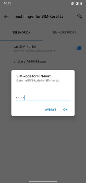 Skriv inn Gammel PIN-kode for SIM-kort og velg OK