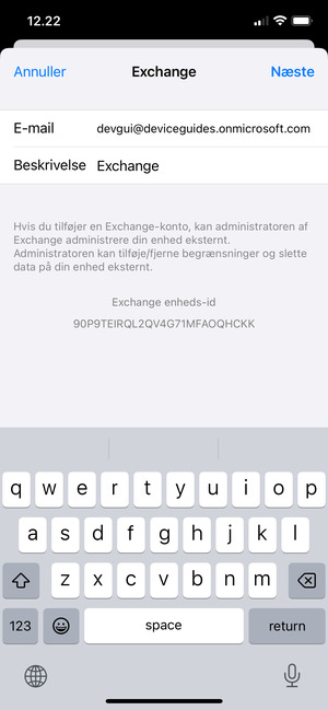 Indtast Exchange e-mail oplysninger og vælg Næste
