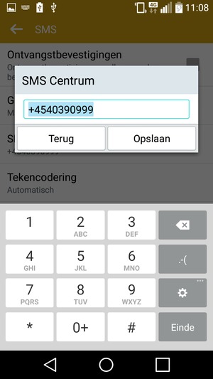 Voer het SMS Centrum nummer in en selecteer Opslaan