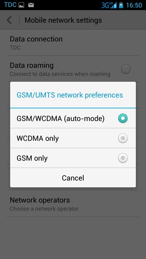 Select GSM only to enable 2G and GSM/WCDMA (auto-mode) to enable 3G
