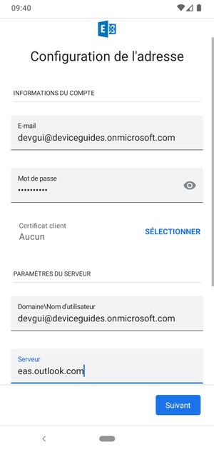 Saisissez votre Nom d'utilisateur et l'adresse du serveur Exchange. Sélectionnez Suivant