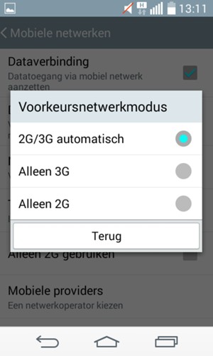 Selecteer Alleen 2G  om 2G in te schakelen en 2G/3G automatisch om 3G in te schakelen