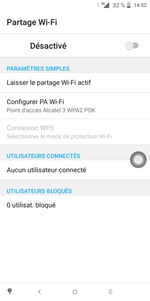 Sélectionnez Configurer partage Wi-Fi / Configurer PA Wi-Fi