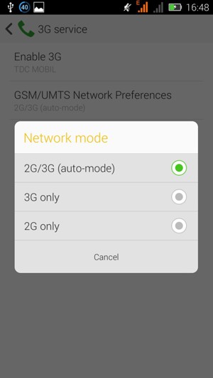 Select 2G only to enable 2G and 2G/3G (auto-mode) to enable 3G