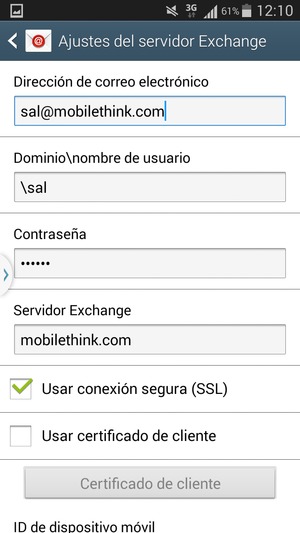 Introduzca Nombre de usuario y la dirección de servidor Exchange