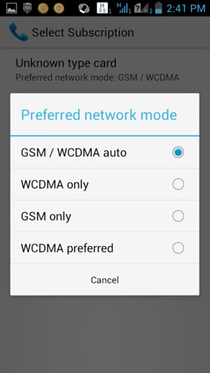 Select GSM only to enable 2G and GSM/WCDMA auto to enable 2G/3G