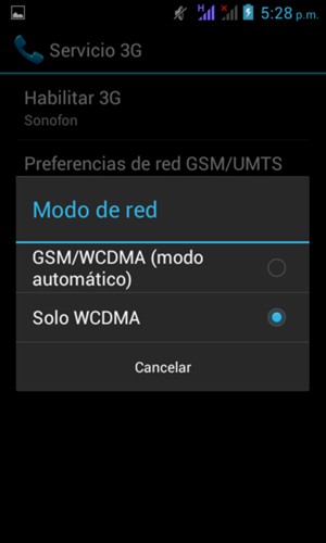 Seleccione Solo WCDMA para habilitar 3G