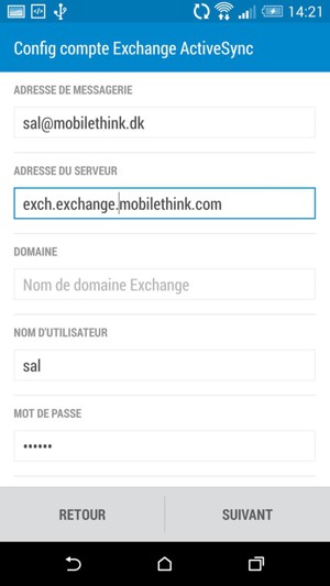 Sélectionnez l'adresse du serveur Exchange et le Nom d'utilisateur. Sélectionnez SUIVANT