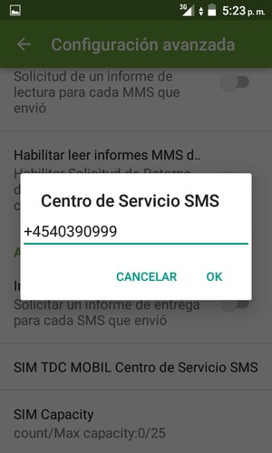 Introduzca el número de Centro de Servicio SMS y seleccione OK