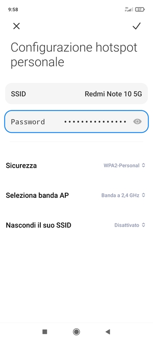 Inserisci una password dell'hotspot Wi-Fi di almeno 8 caratteri e seleziona SALVA