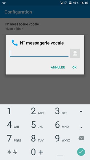 Saisissez le Nº messagerie vocale et sélectionnez OK