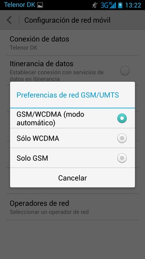 Seleccione Sólo GSM para habilitar 2G y GSM/WCDMA (modo automático) para habilitar 3G