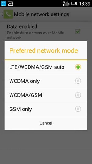 Select WCDMA/GSM to enable 3G and LTE/WCDMA/GSM auto to enable 4G