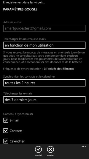 Assurez-vous que Contacts est sélectionné et choisissez terminé